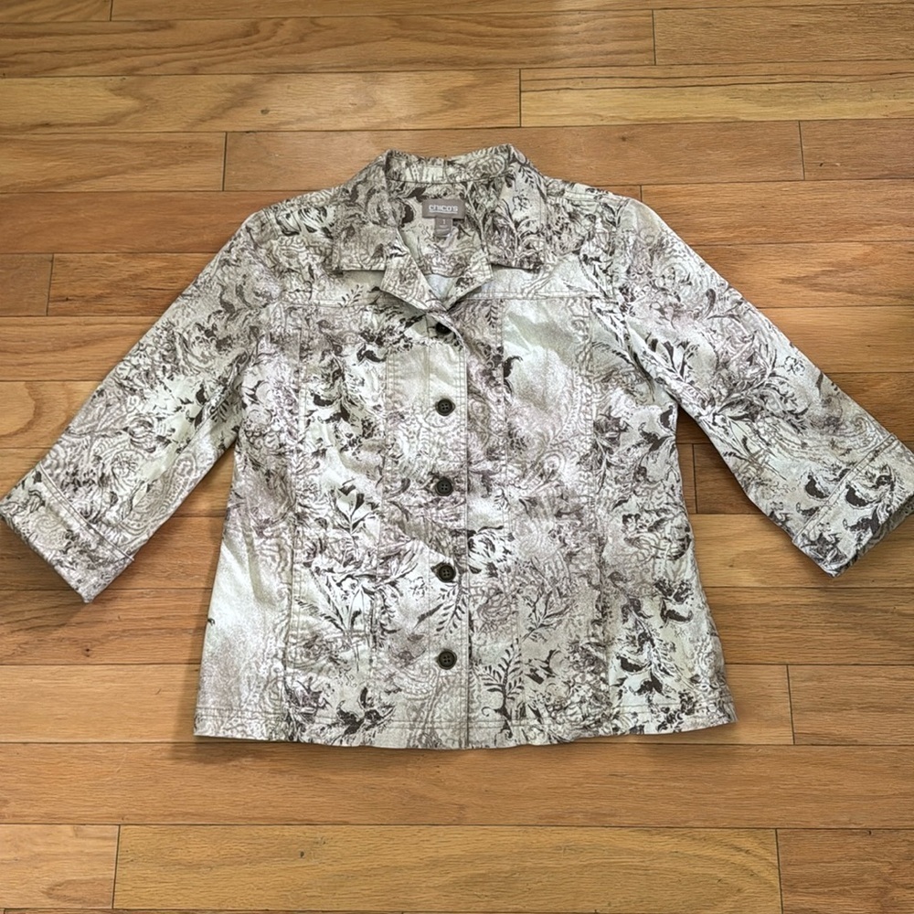 Chico's | Floral/Paisley Jacket | Cream Brown | 3/4 Sleeve | Button Down | Sz 1